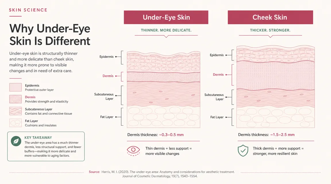 Cross-section diagram comparing thin under-eye skin layers to thicker cheek skin layers