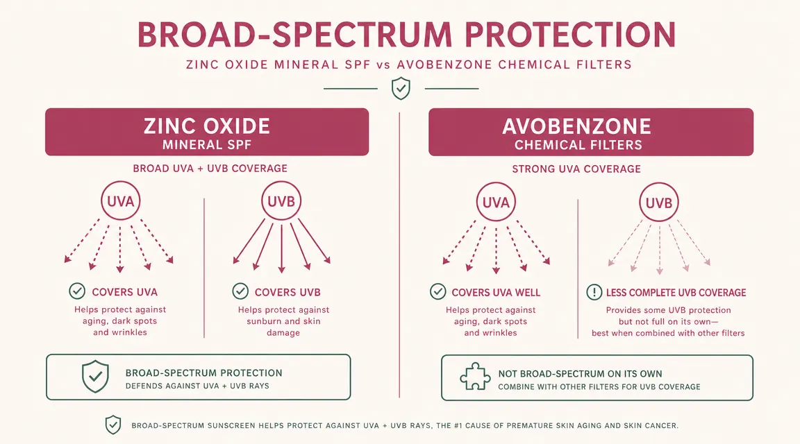 Comparison chart showing UVA and UVB ray blocking difference between mineral and chemical sunscreen filters