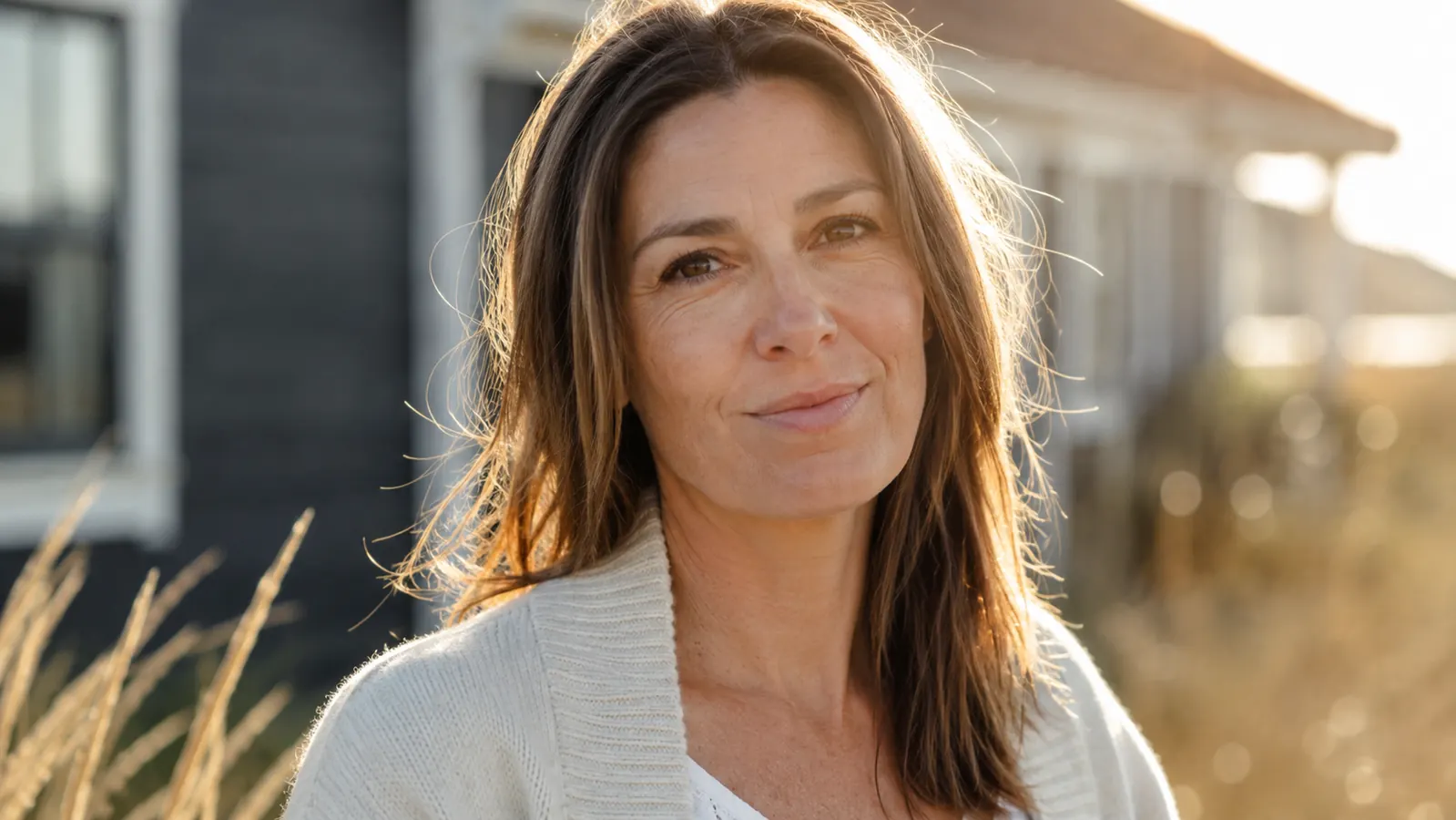 Woman smiling in sunlight with visibly even, glowing skin after consistent vitamin C serum use