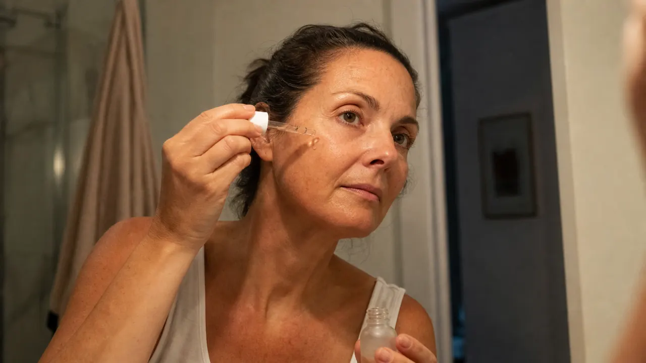 Woman in her late 40s applying serum at a vanity mirror under warm bathroom light