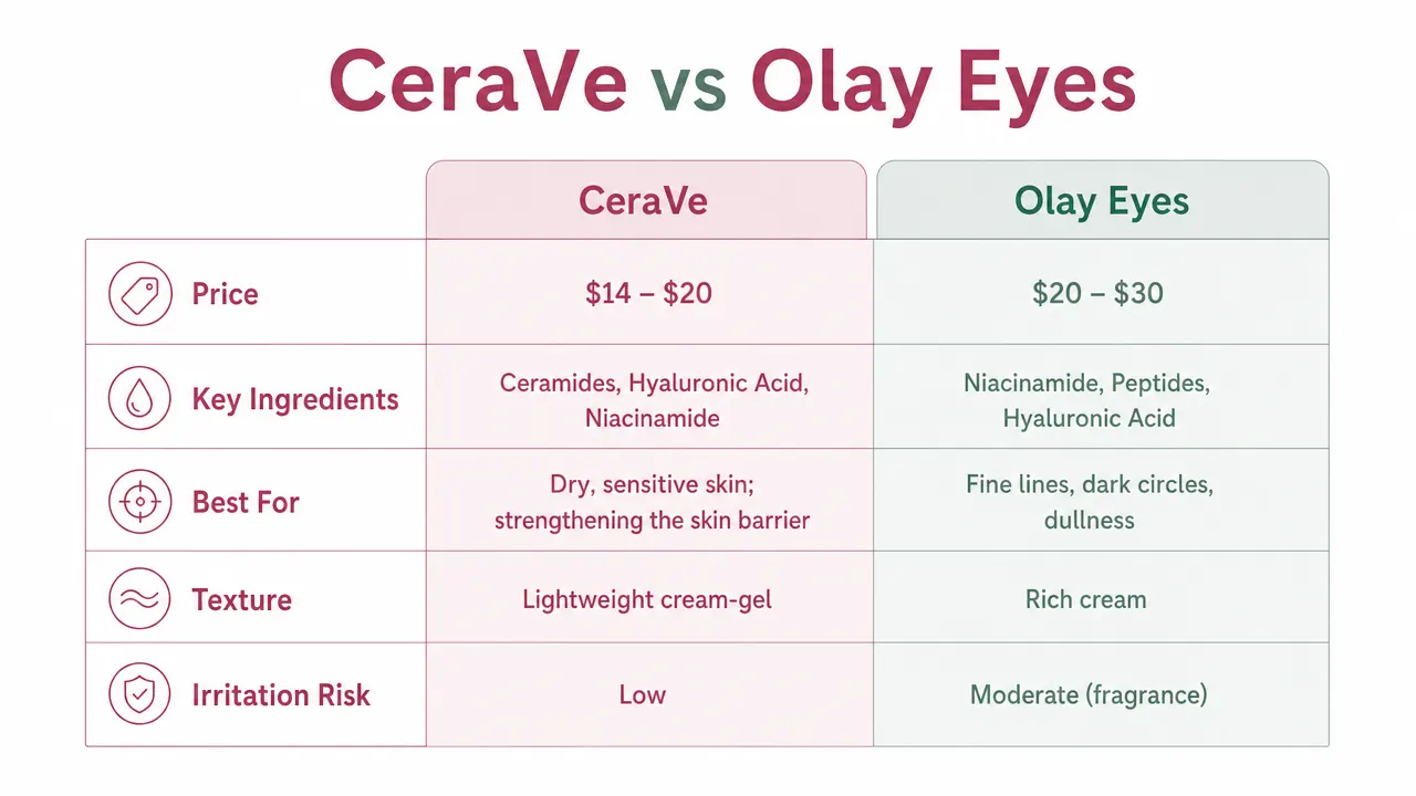 Side-by-side comparison chart of CeraVe vs Olay key ingredients and scores