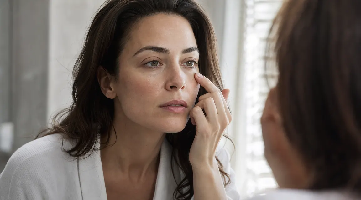 Woman looking in a bathroom mirror examining her under-eye area in morning light