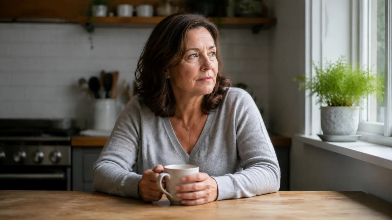 Woman sitting at a kitchen table with a cup of tea, relaxed and reflective expression