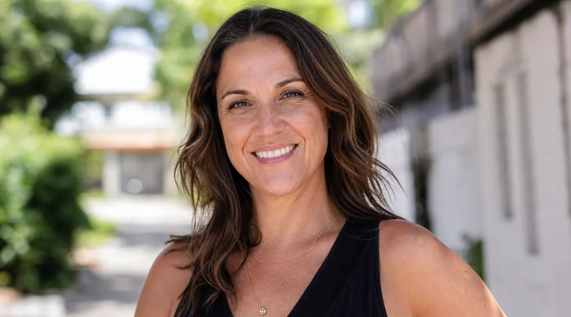 Woman smiling outdoors in bright daylight, skin looks healthy and even-toned