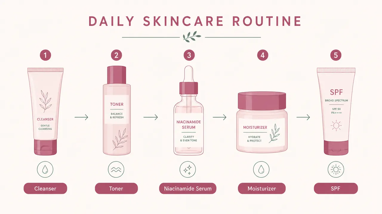 Diagram showing correct skincare layering order: cleanser, toner, niacinamide serum, moisturizer, SPF