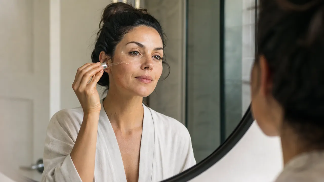Woman applying a clear serum to her cheek in a bathroom mirror, morning light