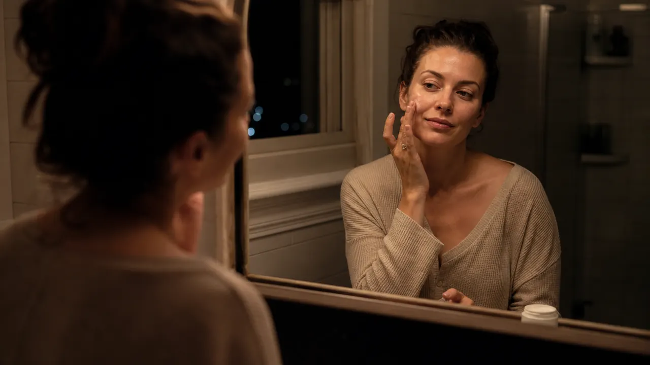 Woman applying a small amount of cream to her cheek in a bathroom mirror, calm expression, warm light