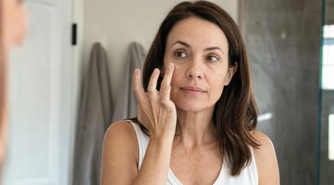 Woman applying a small amount of serum to her cheekbone in a bathroom mirror, focused and relaxed expression