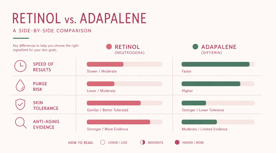Chart comparing retinol versus adapalene on speed of results, purge risk, skin tolerance, and anti-aging evidence