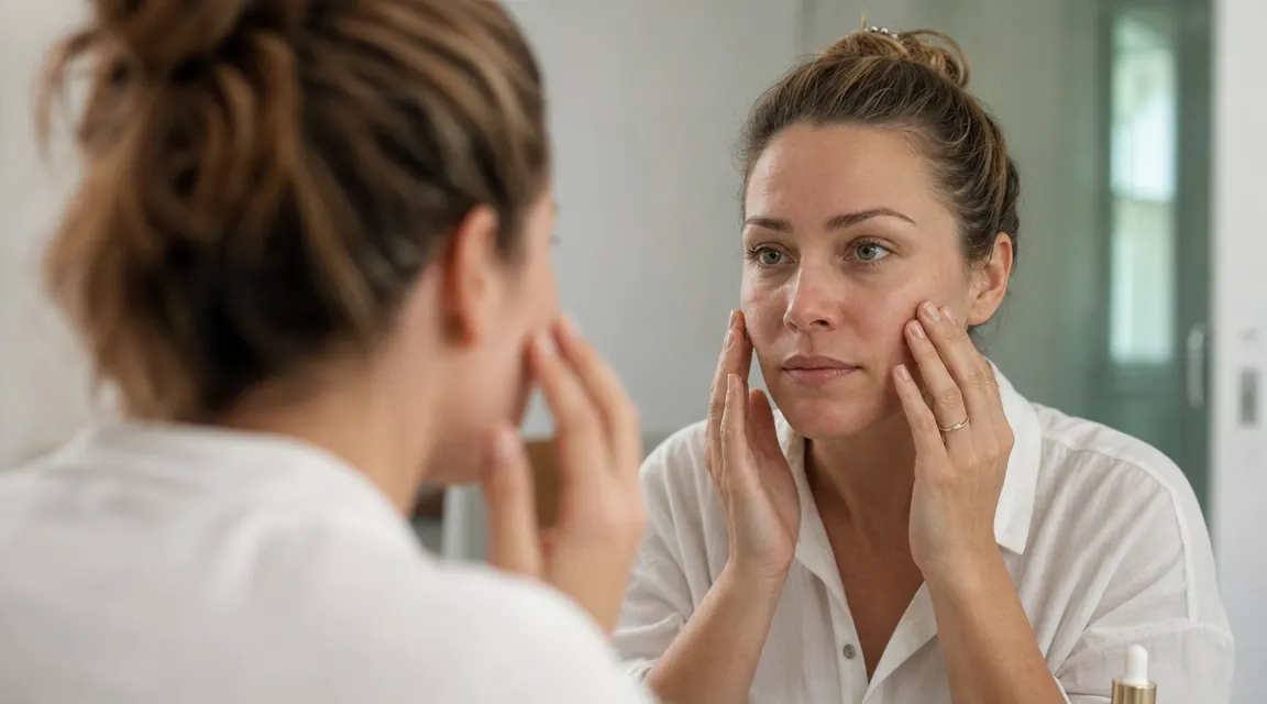 Woman with combination skin applying serum in bathroom mirror, calm morning routine