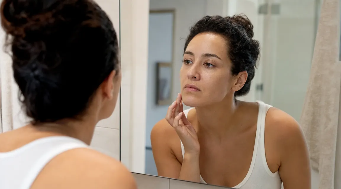 Woman examining her skin in a well-lit bathroom mirror, looking at pores on her nose and cheeks