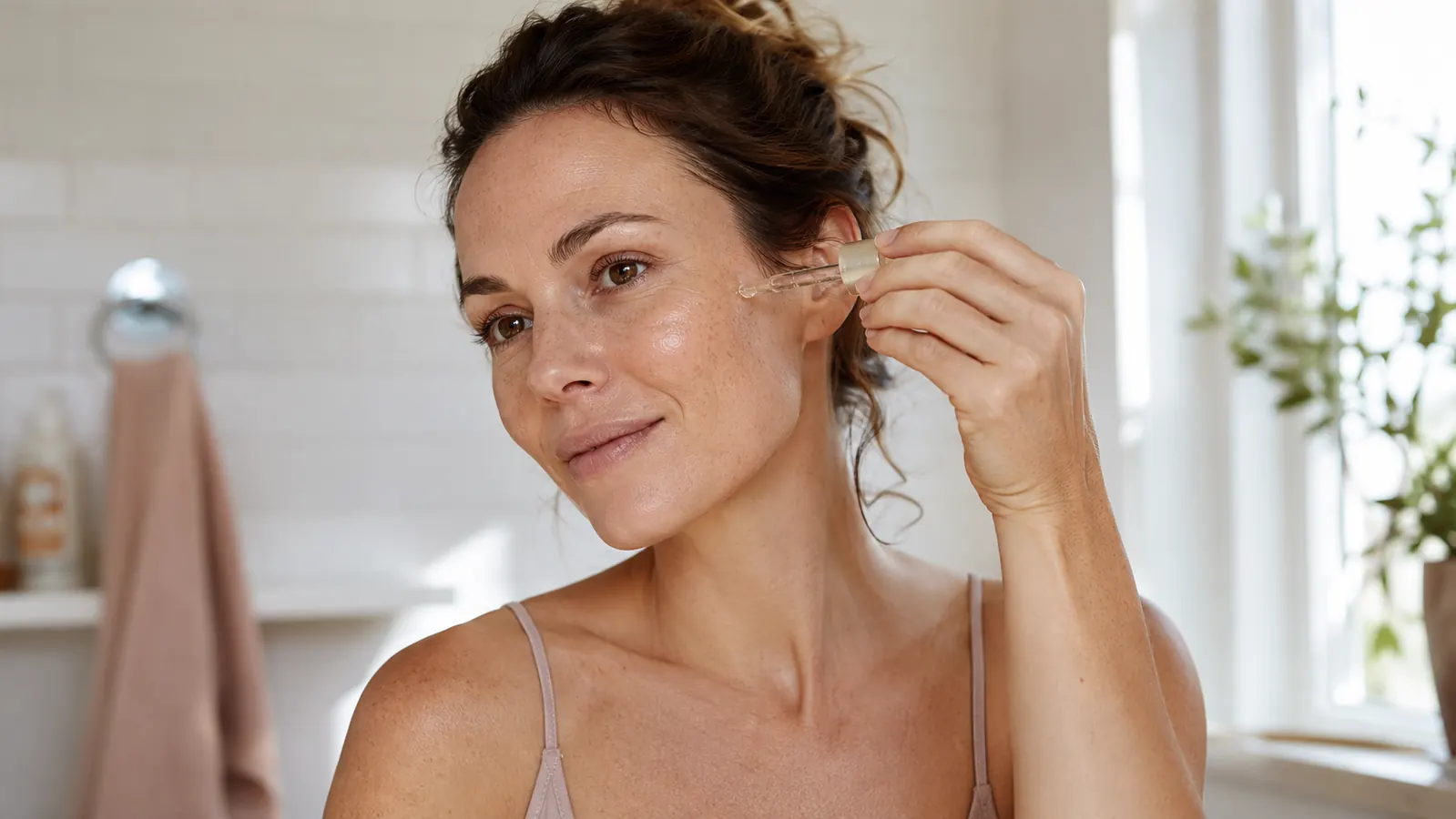 Woman applying a few drops of serum to her cheek in natural morning light